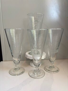 MCM Javit Crystal Footed Beer Glasses - Sailing Ship Etched Design - Set of 4